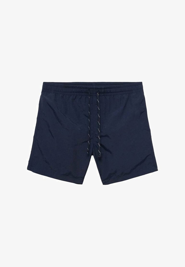 Marineblaue Badehose aus leichtem Material. Sie verfügt über einen elastischen Bund mit Kordelzug und eine glatte Textur.