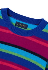 Maglione lavorato a maglia con strisce multicolori in blu, viola, rosso, verde e nero. Presenta un collo a giro e un'etichetta con la scritta "PIOMBO."