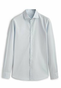 Camicia azzurra a maniche lunghe realizzata in un tessuto morbido, con collo a punta, patta con bottoni e orlo arrotondato con polsini abbottonati.