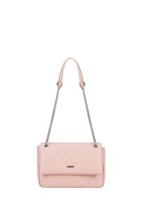 Roze synthetische gewatteerde handtas met een zilveren ketting schouderriem, klepsluiting en een gladde textuur. Voorzien van een logodetail aan de voorkant.