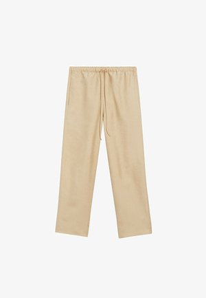 Helle beige, locker sitzende Hose mit einem elastischen Bund und Kordelzug. Verfügt über zwei Seitentaschen und eine glatte Textur.