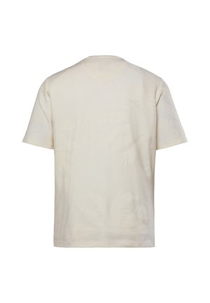 Crème katoenen T-shirt met korte mouwen, voorzien van een subtiel textuurpatroon dat lijkt op palmbladeren, een ronde halslijn en een standaard pasvorm.