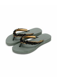 Sandały na płaskiej podeszwie z cekinami, z czarnym i złotym paskiem, szaro-rubberową podeszwą, teksturowanym wnętrzem oraz dekoracyjnymi cekinami na pasku na palce.