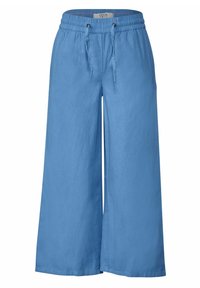 Lichtblauwe, wijde broek met een elastische tailleband en een verstelbaar trekkoord. Gemaakt van zachte stof met een gladde textuur.