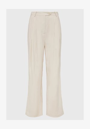 Beige pleated trousers made of lightweight fabric, featuring a button closure and a relaxed wide-leg design. Smooth texture and crisp lines.