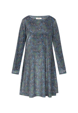 Tume sinine kangas pikkade varrukatega kleit, millel on paisley muster rohelises, punases ja sinises. A-line siluett ja ümmargune kaelus.