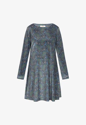 Tume sinine kangas pikkade varrukatega kleit, millel on paisley muster rohelises, punases ja sinises. A-line siluett ja ümmargune kaelus.