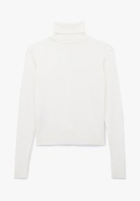 Witte coltrui met lange mouwen, zachte textuur en ribbelmanchetten. Heeft een aansluitend ontwerp en een cropped zoom. Achteraanzicht alleen.