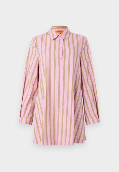 Pink shirt with vertical gold stripes, long sleeves with cuffs, buttoned front placket, and a classic collar. Soft, lightweight fabric.