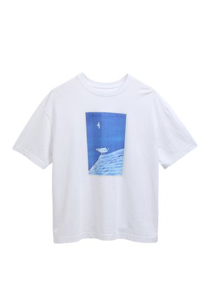 Λευκό κοντομάνικο T-shirt με μπλε ορθογώνιο γραφικό ενός γλάρου σε ταράτσα και ενός άλλου πουλιού που πετά πάνω από αυτήν.