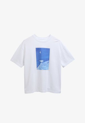 White short-sleeve T-shirt with blue rectangular graphic of a seagull on a rooftop and another bird flying above.