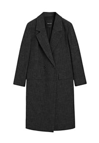 Cappotto lungo di un grigio scuro con una texture simile alla lana. Presenta un rever a punta, una chiusura doppiopetto e due tasche frontali. Costruzione semplice.