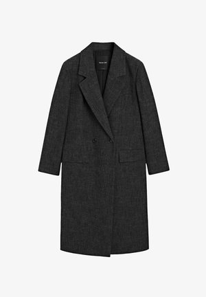 Long, dark gray coat with a wool-like texture. Features a notched lapel, double-breasted front, and two front pockets. Simple construction.
