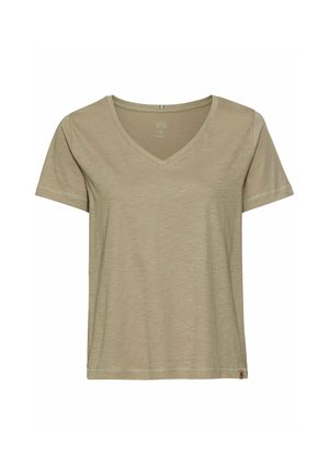 Helles khakifarbenes V-Neck T-Shirt aus weichem Stoff mit kurzen Ärmeln, das einen lässigen Schnitt und dezente Nähdetails aufweist.