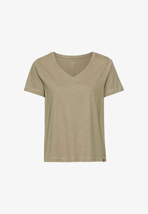 Light khaki V-neck T-shirt made of soft fabric with short sleeves, featuring a relaxed fit and understated stitching details.