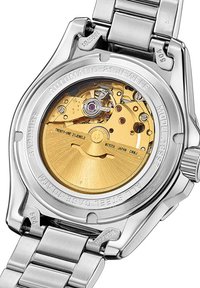 Orologio automatico con cassa e bracciale in acciaio inossidabile; movimento in oro giallo visibile attraverso un fondello trasparente; inciso "Miyota Japan".