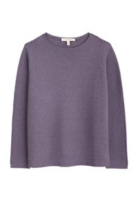 Fioletowy sweter z długim rękawem i okrągłym dekoltem, z teksturowanym prążkowanym wzorem oraz prążkowanymi mankietami i dołem. Miękki materiał.