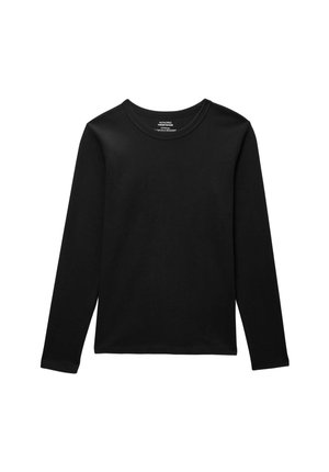 Chemise noire à manches longues en coton, avec un col rond et une finition texturée, sans motifs ni ornements.