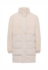 Vêtement extérieur beige clair avec un haut en molleton texturé, une partie inférieure rembourrée lisse, un col à cordon et une fermeture à boutons-pression.