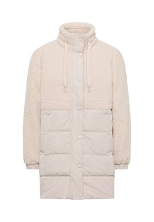 Vêtement extérieur beige clair avec un haut en molleton texturé, une partie inférieure rembourrée lisse, un col à cordon et une fermeture à boutons-pression.