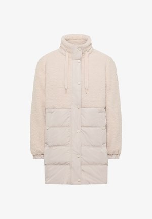 Helle beigefarbene Oberbekleidung mit einer strukturierten Fleece-Oberfläche, einem glatten, gepolsterten unteren Abschnitt, einer Kordelzug-Nackenpartie und einem Druckknopfverschluss.