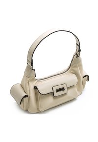 Borsa beige realizzata in materiale sintetico liscio, con un compartimento principale con zip, una tasca a pattina con logo e dettagli neri.