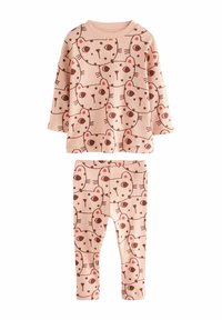 Pamut két részes szett, melynek rózsaszín felsője és leggings-e van, mindkettőn barna és piros részletekkel díszített macskaarc minta található.