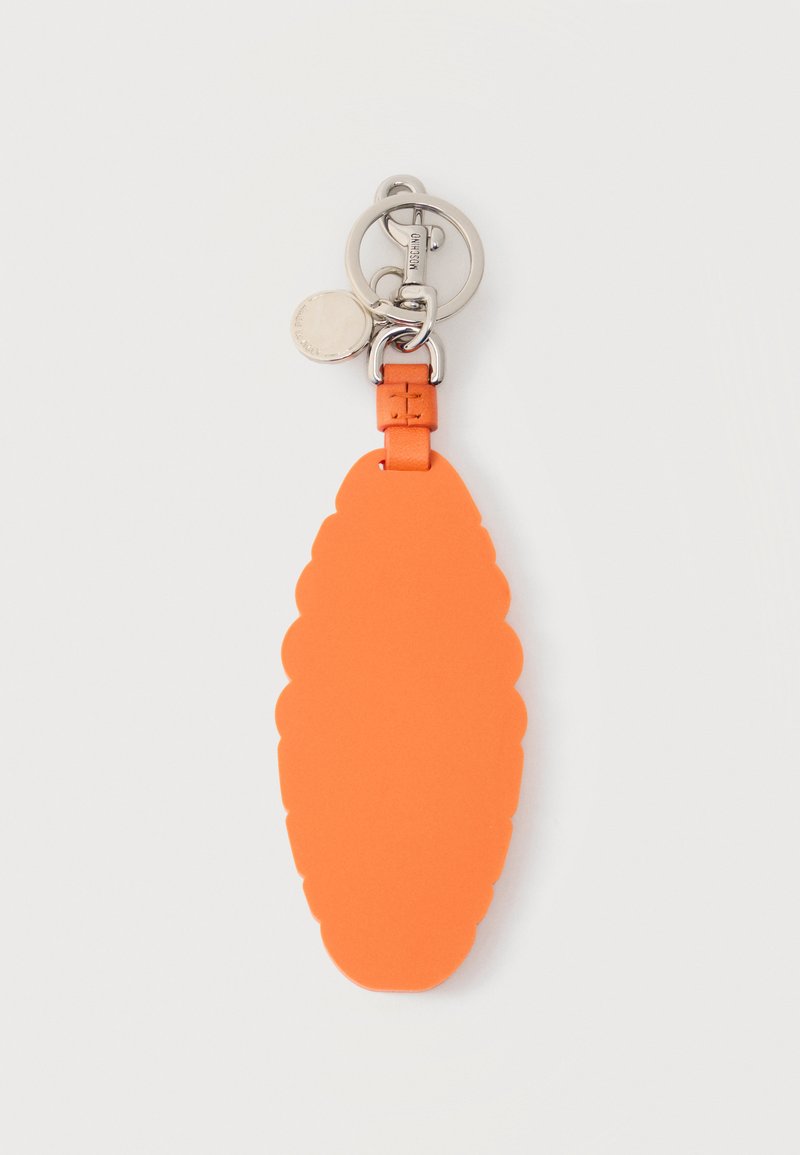Orange leather keychain with scalloped edges, attached to silver keyring with a small round metal tag and Moschino engraved clasp.