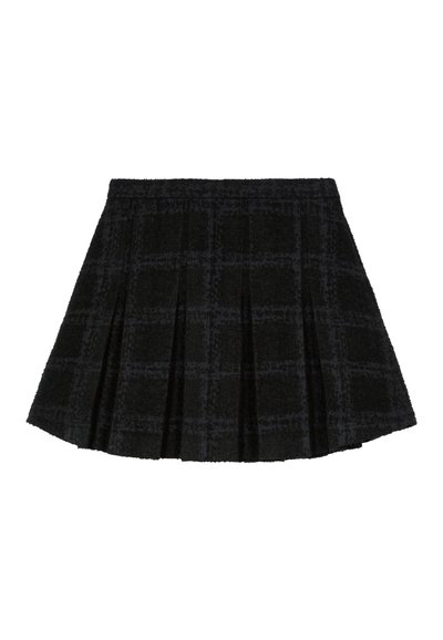 Zwart geruite plissé rok, gemaakt van textuurstof, met een aansluitende tailleband en een uitlopende vorm. Ideaal voor veelzijdige styling.