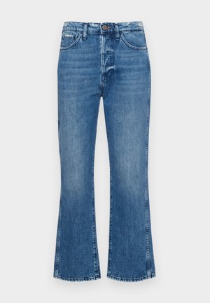 Blå utsvingte jeans laget av denim, med middels høy midje, glidelås, og kontrasterende sømmer, med lys vask og subtil falming.