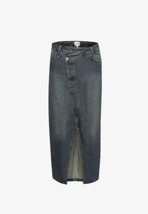 Denim Bleistiftrock, dunkle Waschung, knielang mit Schlitz vorne, Gesäßtaschen, sichtbare Nähte und ein Reißverschluss an der Seite.