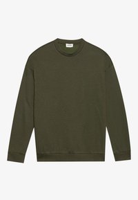 Langermet olivengrønn genser med rund hals og ribbede mansjetter og hem, vist flatt uten synlige mønstre eller logoer.
