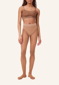Bralette trasparente marrone con spalline sottili e slip a vita alta abbinati, che mette in mostra un tessuto morbido e leggero e un design senza cuciture.
