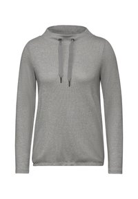 Grå långärmad hoodie gjord av mjukt tyg, med hög krage, justerbara dragsnören och en avslappnad passform med ribbade ärmslut.