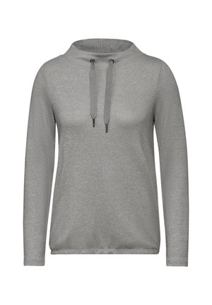 Sweat à capuche gris à manches longues en tissu doux, avec un col montant, des cordons de serrage ajustables et une coupe décontractée avec des poignets côtelés.