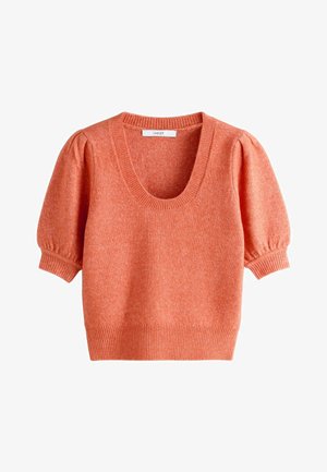 Pomarańczowy lekki sweter z dekoltem w łódkę, krótkimi bufkami i prążkowanym wykończeniem na dole. Miękka tekstura o delikatnym dzianym wykończeniu.