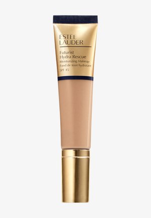 Estee Lauder Futurist Hydra Rescue foundation tube, beige med gull- og marineblå aksenter, SPF 45, elegant design, glatt tekstur, 30 ml størrelse.