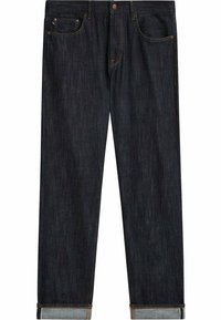 Tummansinisiä farkkuja, joissa on suora lahjerakenne, kevyesti vaaleansinisillä käänteillä ja kontrastivärillä ommeltuja yksityiskohtia. Viiden taskun tyyli, jossa on nappikiinnitys edessä.