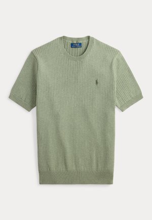 Hellgrüner, gerippter Kurzarmpullover mit Rundhalsausschnitt und kleinem Polo Ralph Lauren-Logo auf der linken Brust.
