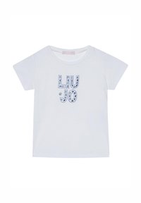 T-shirt bianco a maniche corte con testo "LIU JO" blu a motivo sul davanti. Tessuto di cotone morbido, scollatura rotonda e vestibilità standard.