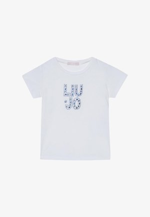 T-shirt bianco a maniche corte con testo "LIU JO" blu a motivo sul davanti. Tessuto di cotone morbido, scollatura rotonda e vestibilità standard.