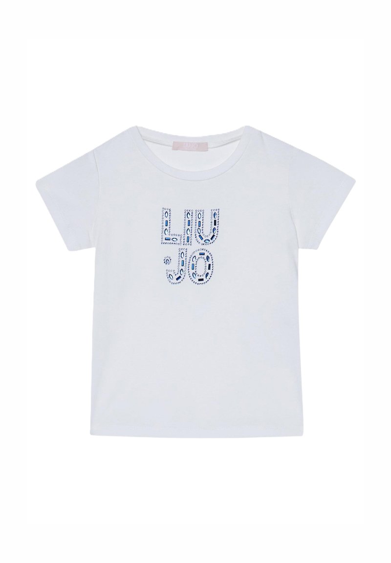 T-shirt bianco a maniche corte con testo "LIU JO" blu a motivo sul davanti. Tessuto di cotone morbido, scollatura rotonda e vestibilità standard.