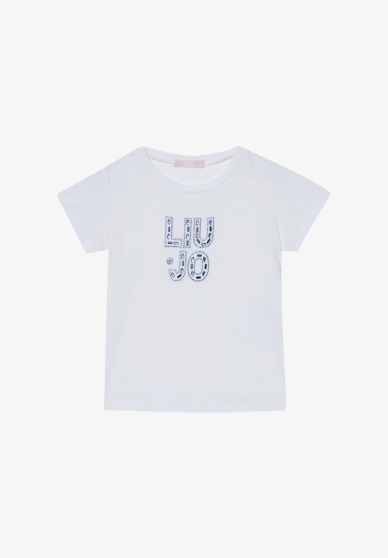T-shirt bianco a maniche corte con testo "LIU JO" blu a motivo sul davanti. Tessuto di cotone morbido, scollatura rotonda e vestibilità standard.