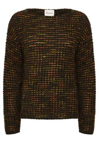 Maglione lavorato a maglia in tonalità scure, con un motivo testurizzato di strisce rosse, gialle e verdi. Decollete ampio e maniche lunghe.