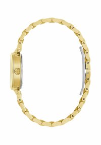 Orologio in metallo color oro con un bracciale spesso a maglie, finitura lucida e cassa rotonda testurizzata. Pulsante di accento argento sul lato.