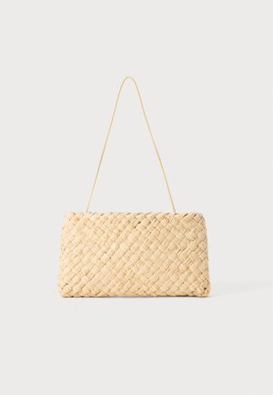 Woven straw handbag in a rectangular shape, featuring a thin strap. The natural material displays a light tan color and textured pattern.
