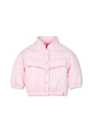 Lichtroze gewatteerde kinderjas met drukknopen, hoge kraag, elastische boorden, ruchesdetail over de borst en elastische zoom.