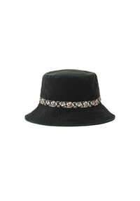 Chapeau seau noir en tissu doux, pr�ésentant une surface texturée et une bande à motif floral autour de la couronne. Haut arrondi et large bord.