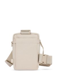 Beige messenger táska strukturált, téglalap alakú, tartós anyagból készült. Elülső zsebe, állítható pántja és biztonságos záródása van.