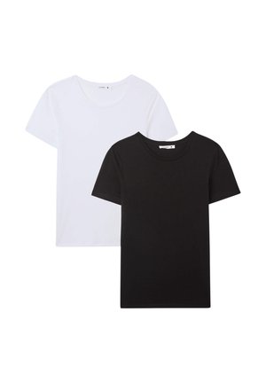 Due magliette a maniche corte, una nera e una bianca, realizzate in morbido cotone, con un classico colletto girocollo e una texture liscia.